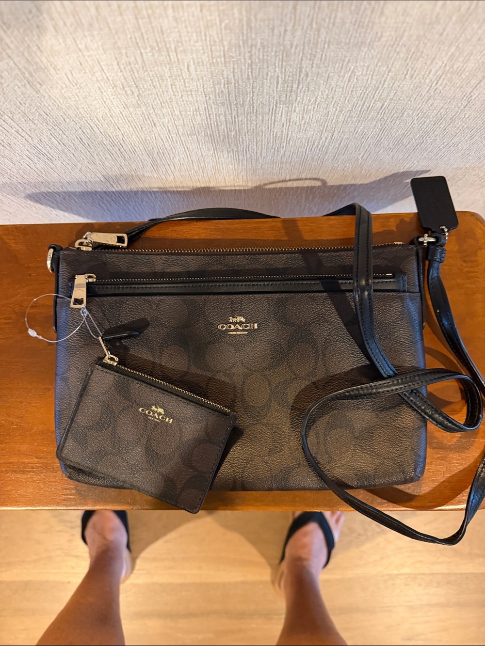 COACH East/west Signature Crossbody in Brown with wristlet/coin purse.